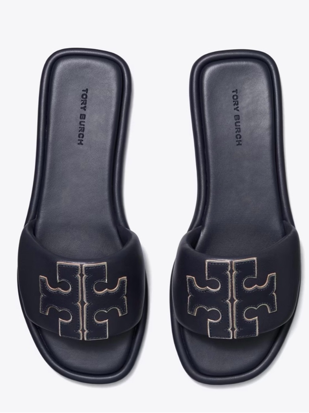 Tory Burch Black Double T Sport  Slide Sandals with Gold-Trim Logo